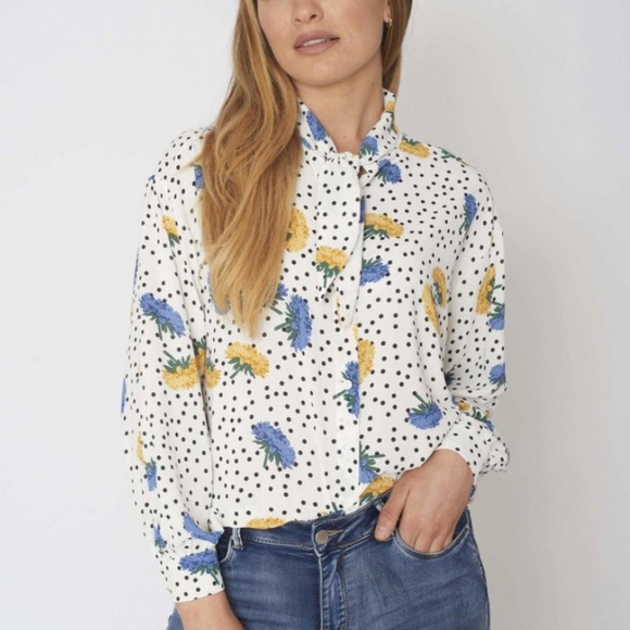 Anthro dRA Los Angelos White Polka Dot Floral Shirt - Picture 1 of 13
